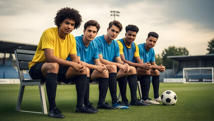 Group of young male soccer players sitting on bench during practice or game on field with soccer ball and sports facility in background