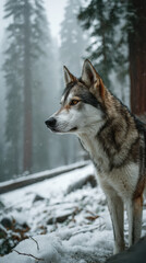 Siberian Husky Dog Standing in Snowy Sequoia National Park California, Winter Hiking and Adventure Travel in Ancient Forest, Scenic Alpine Wilderness Landscape and Nature Exploration