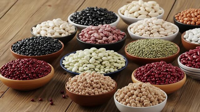 Assortment of colorful dried beans and legumes in bowls on wooden background.