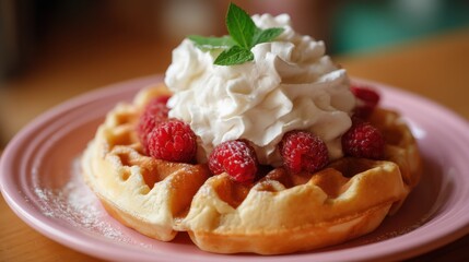 Delicious belgian waffle with fresh raspberries and whipped cream on pink plate.