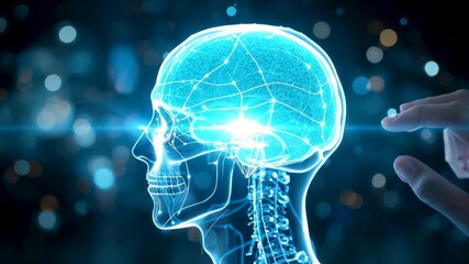 Glowing holographic human head with digital brain network and touch interaction featuring advanced neuroscience and artificial intelligence - Powered by Adobe