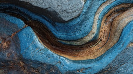 Close-up of vibrant blue and brown layered rock surface with intricate patterns.