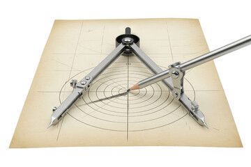 Silver metal drafting compass drawing circles on vintage paper on a transparent background