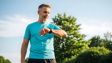 Happy mature man checking his watch outdoors during daytime in a park with green trees and blue sky, enjoying a sunny day and staying punctual