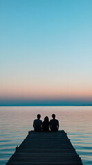 Friends Sitting Dock Sunset Lake