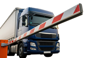 Blue semi truck waiting behind the red and white security gate arm on a transparent background
