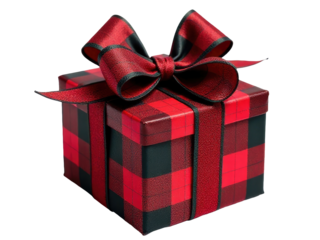 A beautiful gift box wrapped in red and black paper, tied with a ribbon