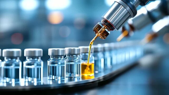 Multiple robotic arms sorting medical vials by batch code defocused blue industrial space background wide panoramic view with left side empty area pharmaceutical automation