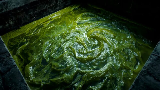 Thick green industrial liquid swirling inside processing tank showing chemical reaction texture viscosity and controlled manufacturing environment