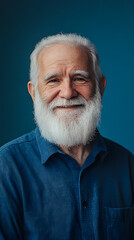 portrait of a smiling elderly man with a full white beard - conveying the wisdom vertical - blue background