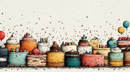 Vibrant collection of festive cakes and balloons with confetti creates a joyful celebration scene perfect for party invitations and event marketing.