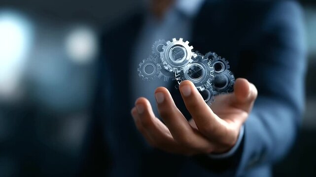 Professional hand holding automation process chart faceless businessman defocused efficiency background driven workflow optimization robotics algorithms innovation productivity