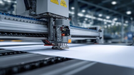 Industrial cutting machine precisely operates on large paper sheet modern factory setting