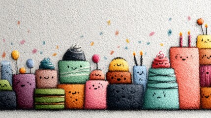 Delightful cartoon cakes with happy faces celebrate with colorful confetti and glowing candles a joyful festive scene perfect for invitations and decorations