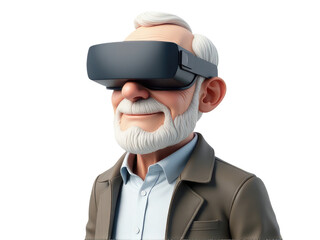 A senior adult with a virtual reality headset on, possibly enjoying a new technology experience
