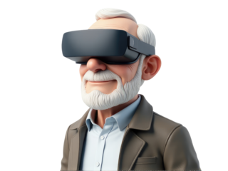 A senior adult with a virtual reality headset on, possibly enjoying a new technology experience