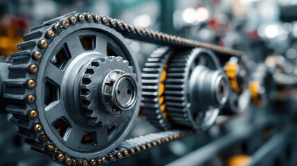 Close up view of interlocking gears and a metal drive chain suggesting mechanical motion