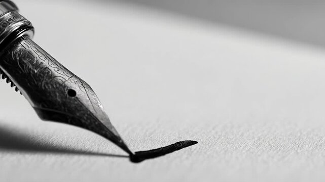 Thoughtful black and white macro of classic fountain pen nib writing calligraphy on textured paper. An elegant close up evoking nostalgia for literature and formal communication