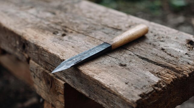Knife resting on a wooden bench. the knife has a long, pointed blade with a sharp point and a wooden handle.