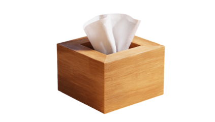 Wooden tissue box with white paper sticking out, against a black backdrop