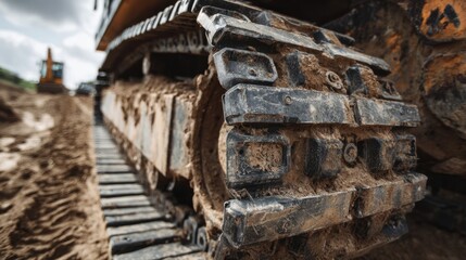 Fototapeta premium Close up view of a muddy excavator track on a construction site with another machine in the distance