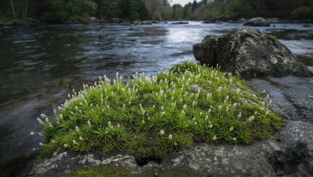 Juniper polytrichum mosses thriving on rocky banks of a wet river