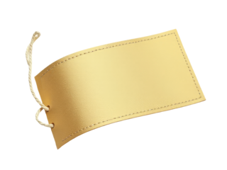 A gold leather tag attached to a rope set against a clean white background