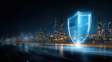 Glowing blue shield hologram displays binary code against a blurred industrial cityscape at night