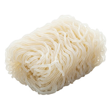 A close up view of a pile of fine white vermicelli noodles showcasing texture on transparent background