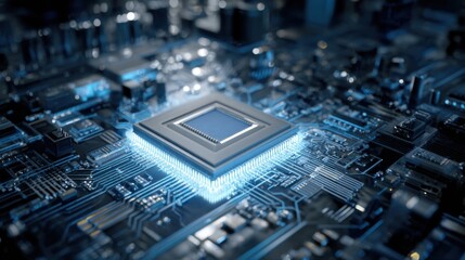 Close up of a glowing blue central processing unit on a complex circuit board Technology