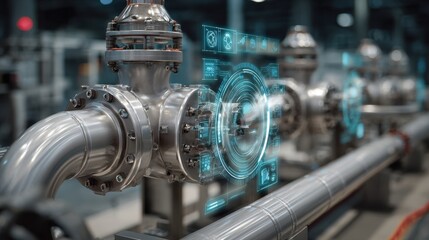 Industrial pipeline system with digital interface overlay showing data and analytics