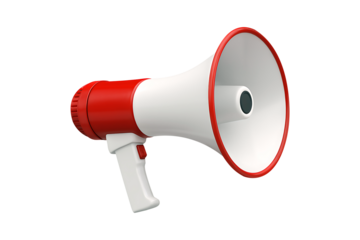 Red and White Megaphone Isolated on White Background, 3D Rendering of Bullhorn