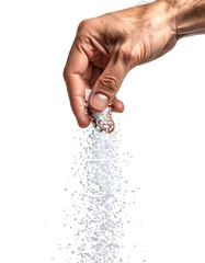 Chef's hand adding a pinch of crystalline salt as an essential ingredient for flavoring a gourmet meal.