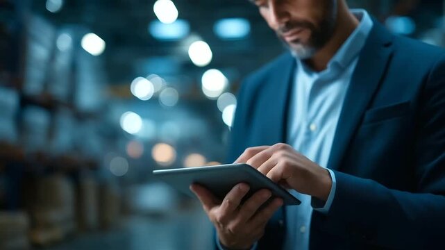 Professional using tablet with digital warehouse inventory management system faceless businessman defocused smart storage background modern logistics supply chain technology con