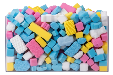 Clear plastic box filled with colorful foam gummy candies on a transparent background