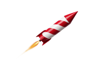 A red and white rocket soaring through the air with smoke trails