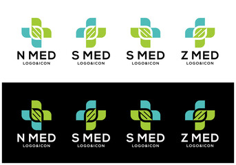 Collection of vector designs of medical logo icons with initial letters S, N, and Z. Medical cross logo with leaves.