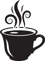 Simple black and white silhouette graphic representing a steaming hot beverage in a classic ceramic mug perfect for cafe branding.