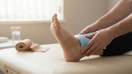 Person Applying Bandage to Ankle with Kinesiology Tape