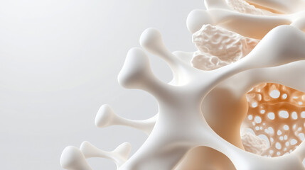 Medical illustration contrasting healthy bone tissue with areas showing increased porosity and reduced density. Representing the structural changes characteristic of osteoporosis and bone degeneration