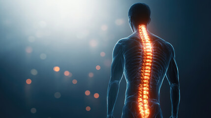 Human body viewing glowing spine highlighting pain, injury, and bone loss, showing medical condition, orthopedic therapy, and fragile bone treatment concepts