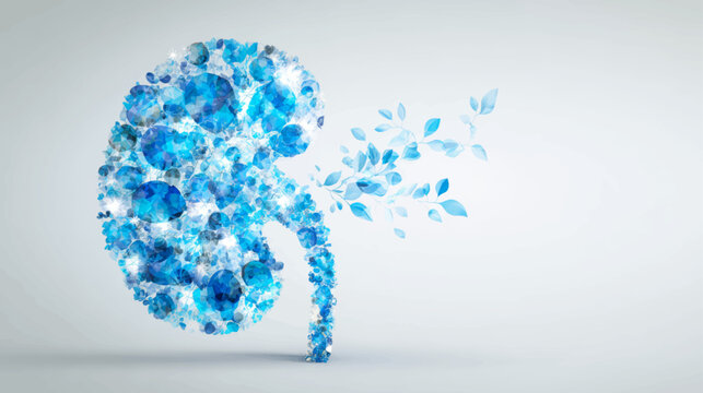Blue crystal human kidney with botanical elements, clean modern renal health illustration for wellness, medicine, and healthcare branding