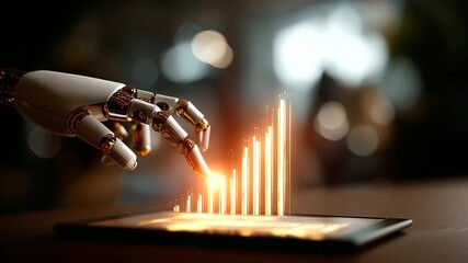 Robotic hand interacting with glowing holographic bar chart from digital tablet defocused data background symbolizing driven analysis business intelligence futuristic technology - Powered by Adobe
