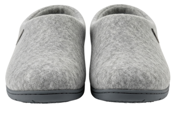 Pair of grey felt wool slippers with rubber soles for comfort on a transparent background