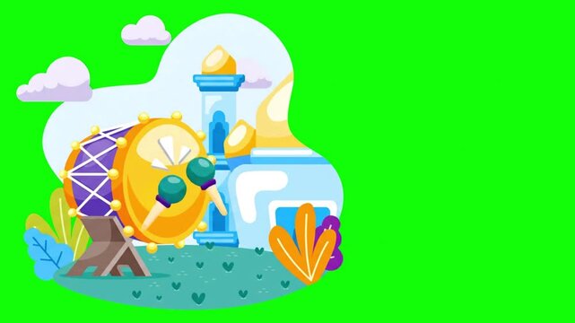 Ramadan Kareem Cartoon Illustration with Mosque and Bedug Drum on Green Screen