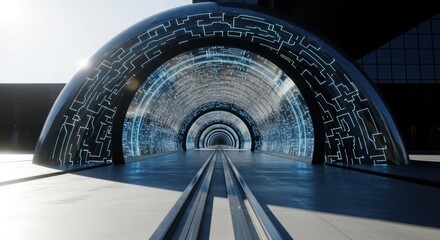 A futuristic tunnel with glowing digital circuit patterns.
