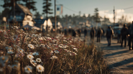 Dusk Wildflowers Path Blurred Crowd Community Gathering