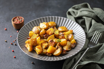 Baked potatoes with mushrooms in a plate on the table.