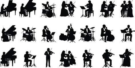 Musician silhouettes playing instruments, classical orchestra performers, piano violin cello drums artists, black figures isolated on white background illustration © Heyyy