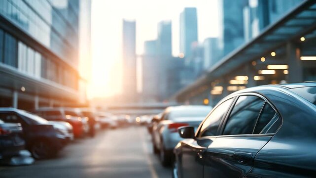 Used vehicles parked in expansive open air lot beside modern dealership building defocused urban background symbolizing mobility commerce growth diverse customer choices resale